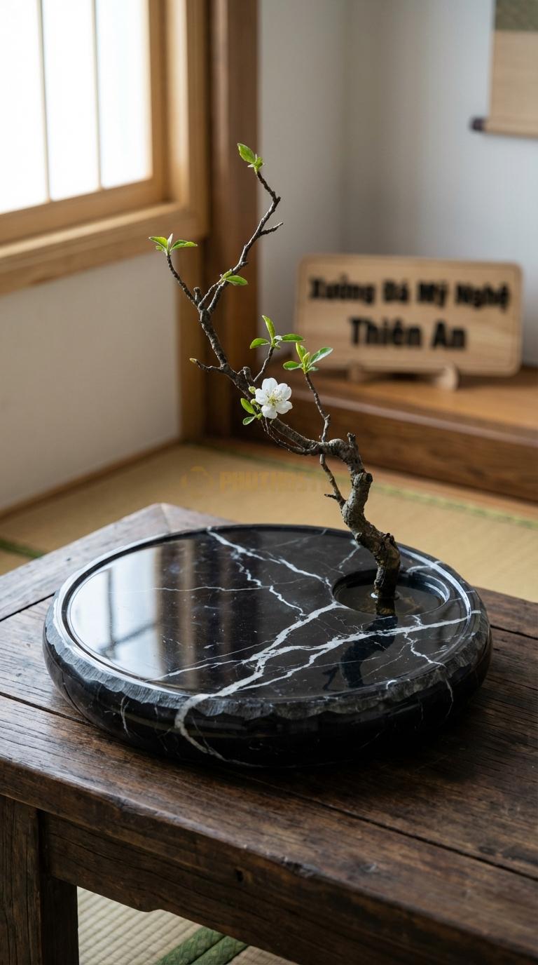 Lọ Hoa Đá Đen Tia Chớp Họa Tiết “Mặt Hồ Phẳng” (Đĩa Mài Bóng Như Mặt Gương). Kích Thước Đk 35Cm, Cao 4Cm.