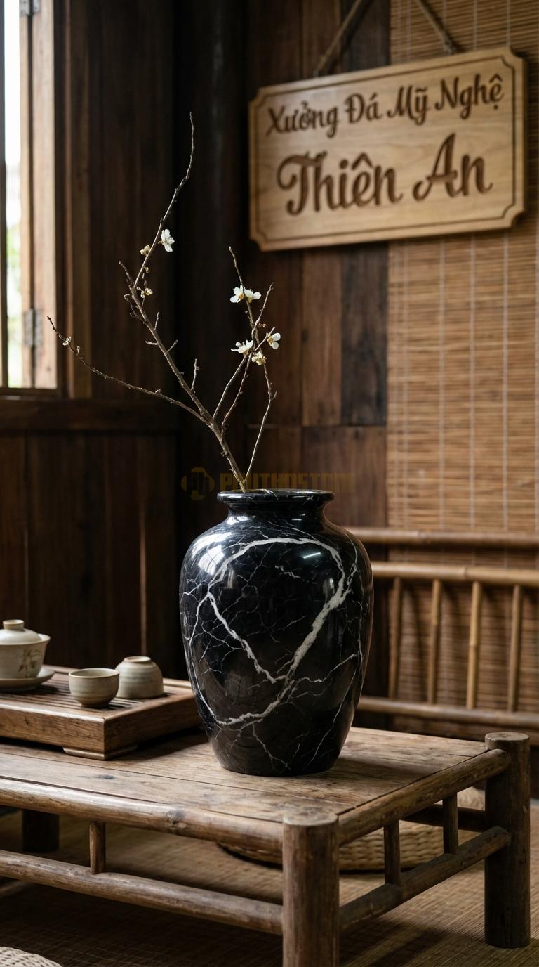 Lọ Hoa Đá Đen Tia Chớp Họa Tiết “Men Rạn” (Tạo Vân Đá Nứt Như Gốm Men Rạn). Kích Thước Cao 27Cm, Đk 19Cm.