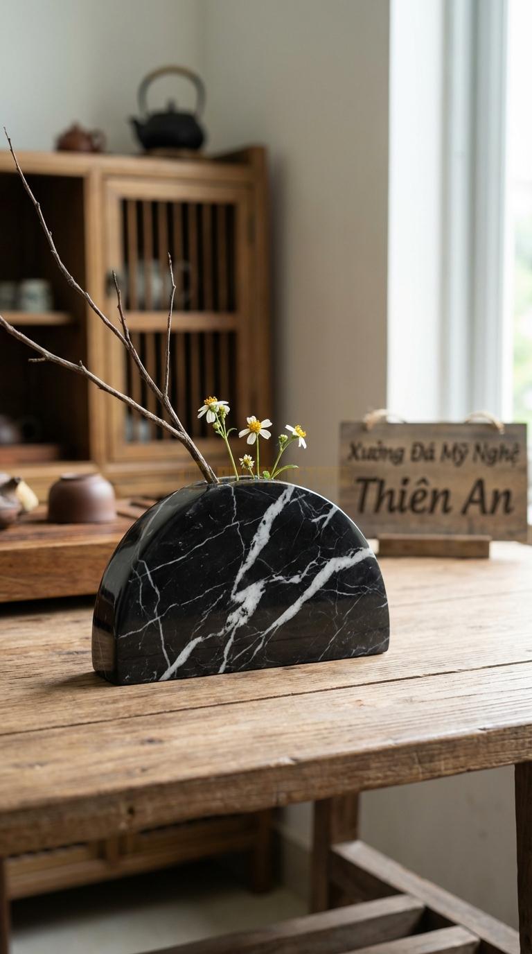 Lọ Hoa Đá Đen Tia Chớp Họa Tiết “Nửa Vầng Trăng” (Hình Bán Nguyệt Dẹt). Kích Thước Cao 12Cm, Ngang 15Cm.