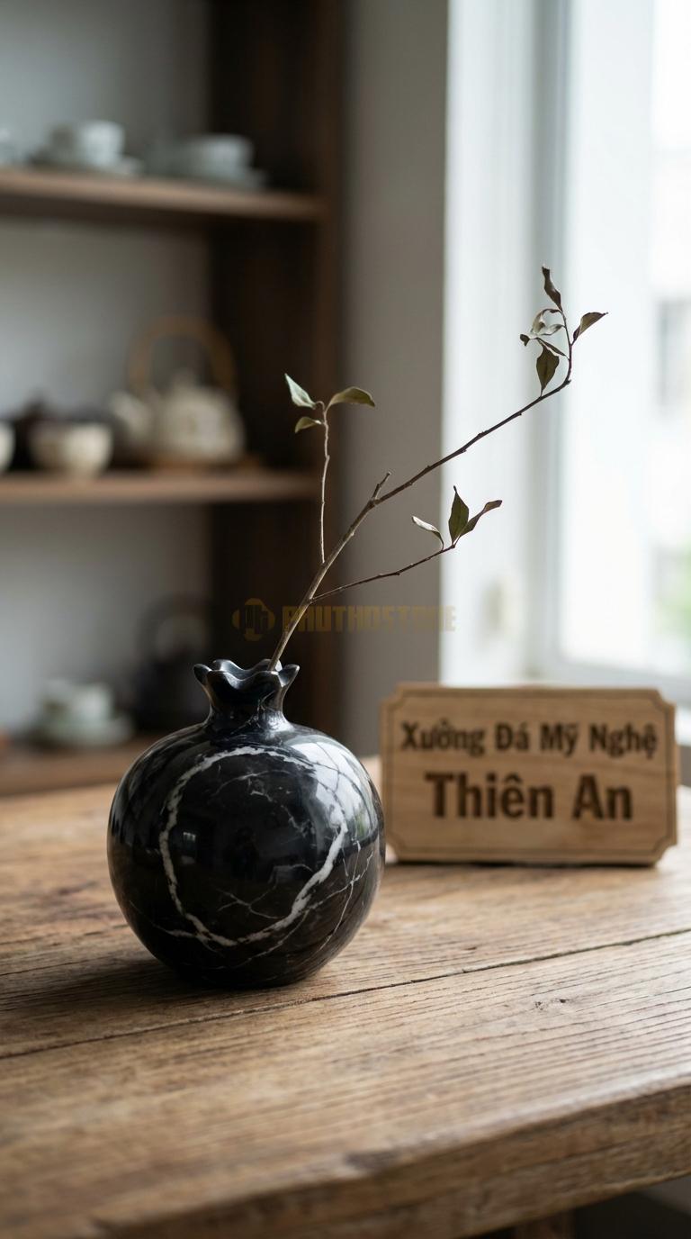 Lọ Hoa Đá Đen Tia Chớp Họa Tiết “Quả Lựu” (Dáng Tròn, Miệng Loe Nhỏ Như Núm Quả Lựu). Kích Thước Cao 12Cm, Đk 10Cm.