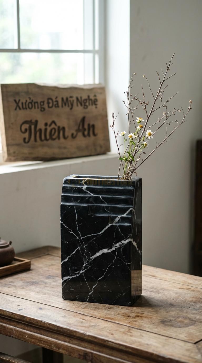 Lọ Hoa Đá Đen Tia Chớp Họa Tiết “Ruộng Bậc Thang” (Lòng Lọ Giật Cấp). Kích Thước 30 x 20 x 8 Cm.