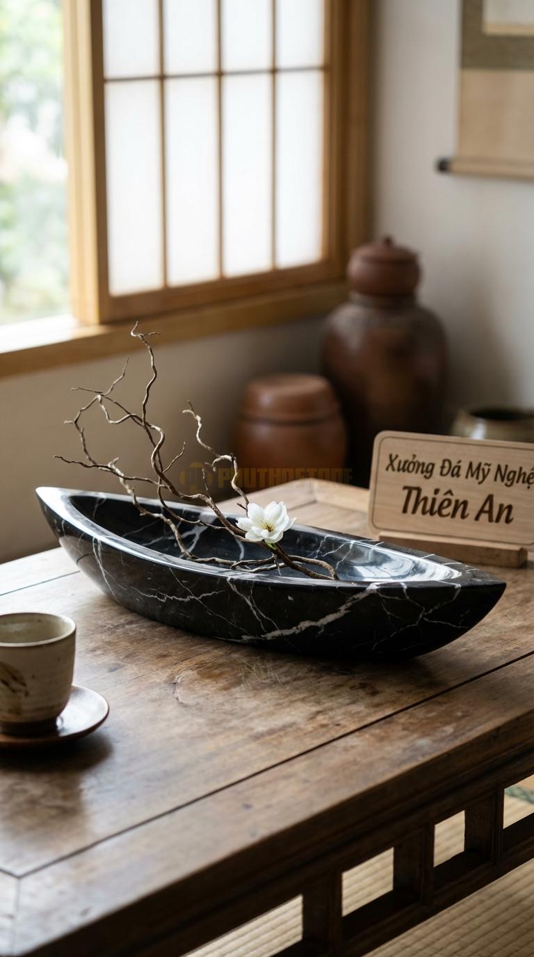 Lọ Hoa Đá Đen Tia Chớp Họa Tiết “Thuyền Nan” (Dáng Con Thuyền Dài, Lòng Nông). Kích Thước Dài 40Cm, Rộng 12Cm, Cao 8Cm.