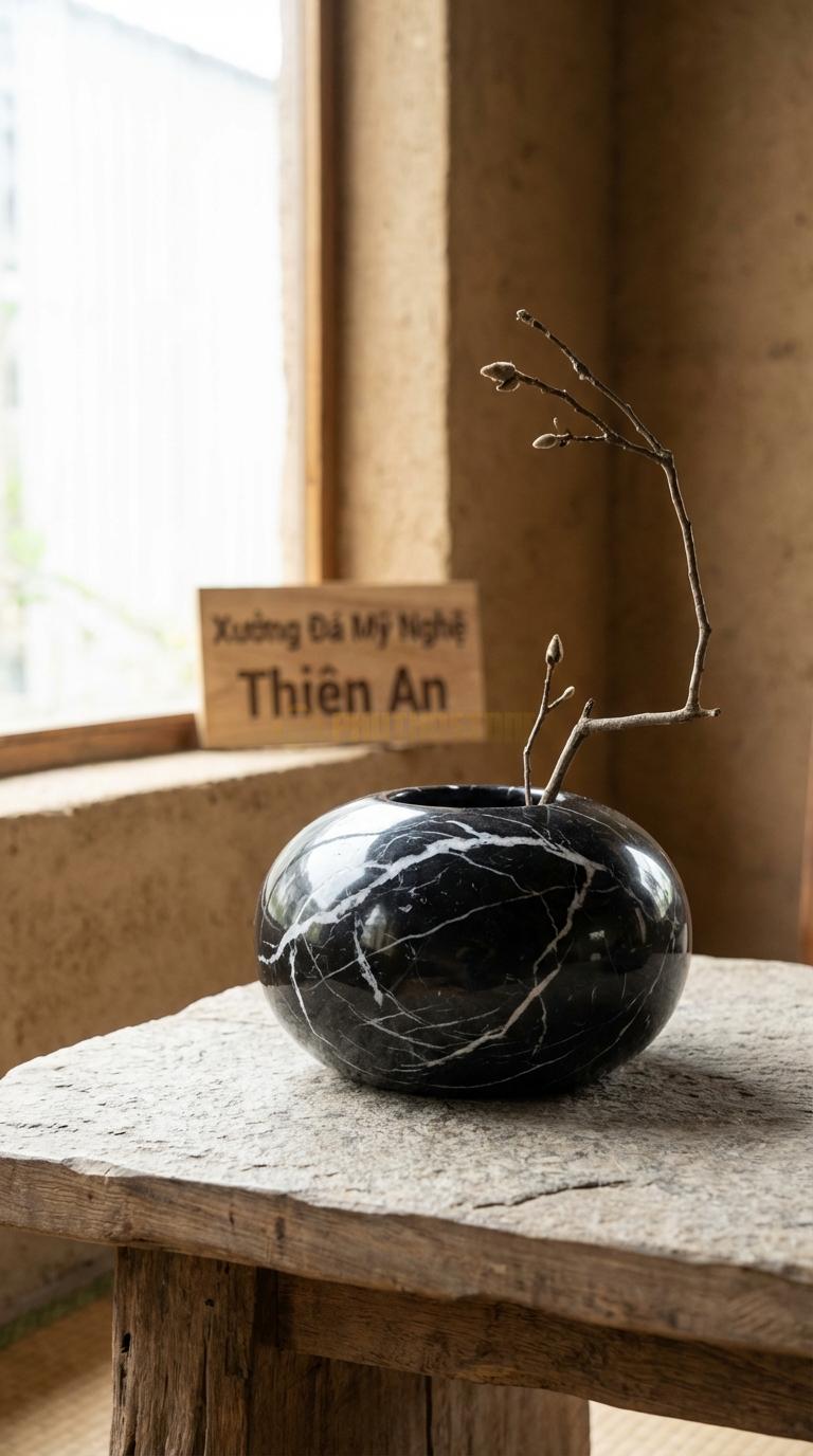 Lọ Hoa Đá Đen Tia Chớp Họa Tiết “Tổ Chim” (Dáng Tròn, Bề Mặt Xước Rối). Kích Thước Đk 20Cm, Cao 10Cm.