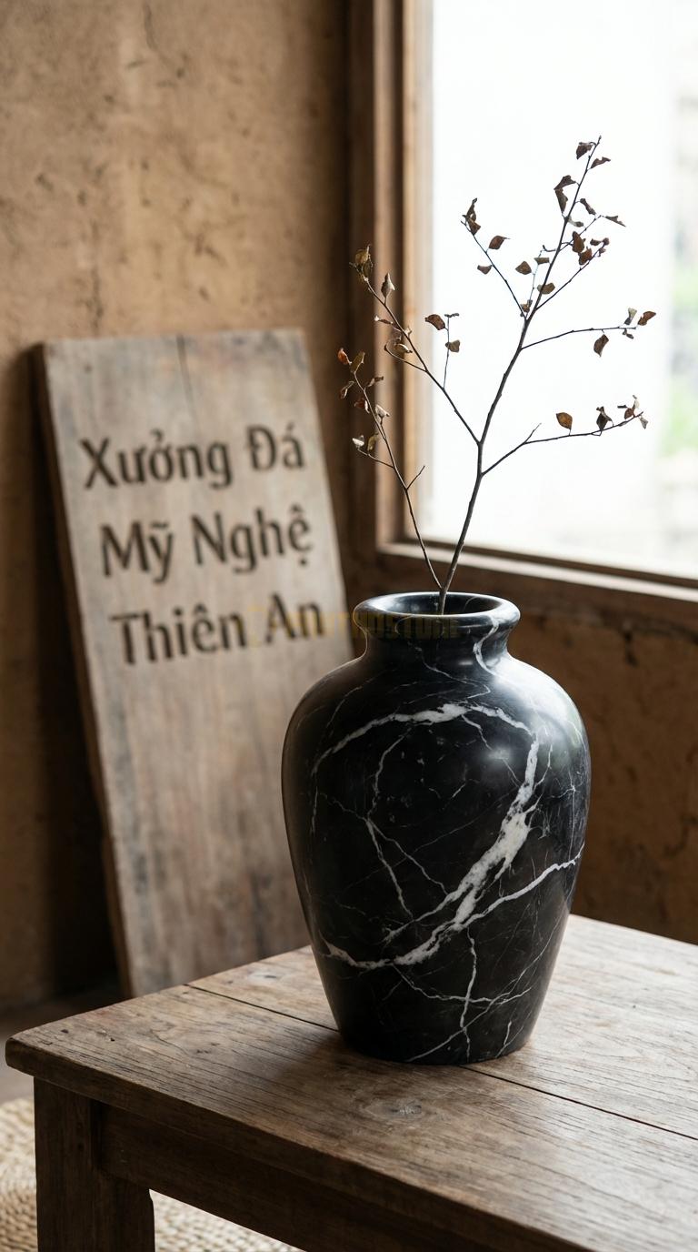 Lọ Hoa Đá Đen Tia Chớp Họa Tiết “Trơn Bóng Mờ” (Dáng Bình Củ Gừng, Đơn Giản). Kích Thước Cao 25Cm, Đk 18Cm.