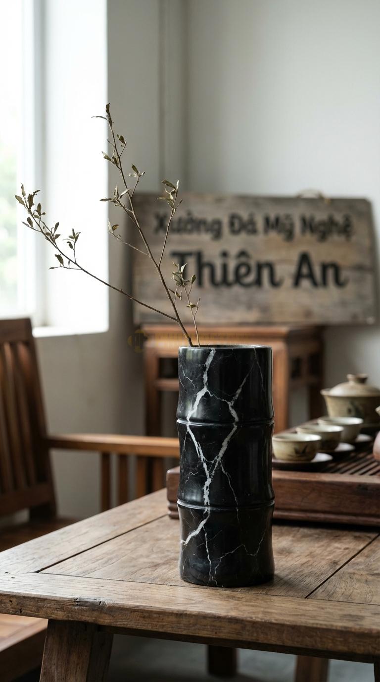 Lọ Hoa Đá Đen Tia Chớp Họa Tiết “Trụ Ống Tre” (Tròn Đều Từ Trên Xuống Dưới, Khắc Đốt Tre). Kích Thước Cao 18Cm, Đk 6Cm.
