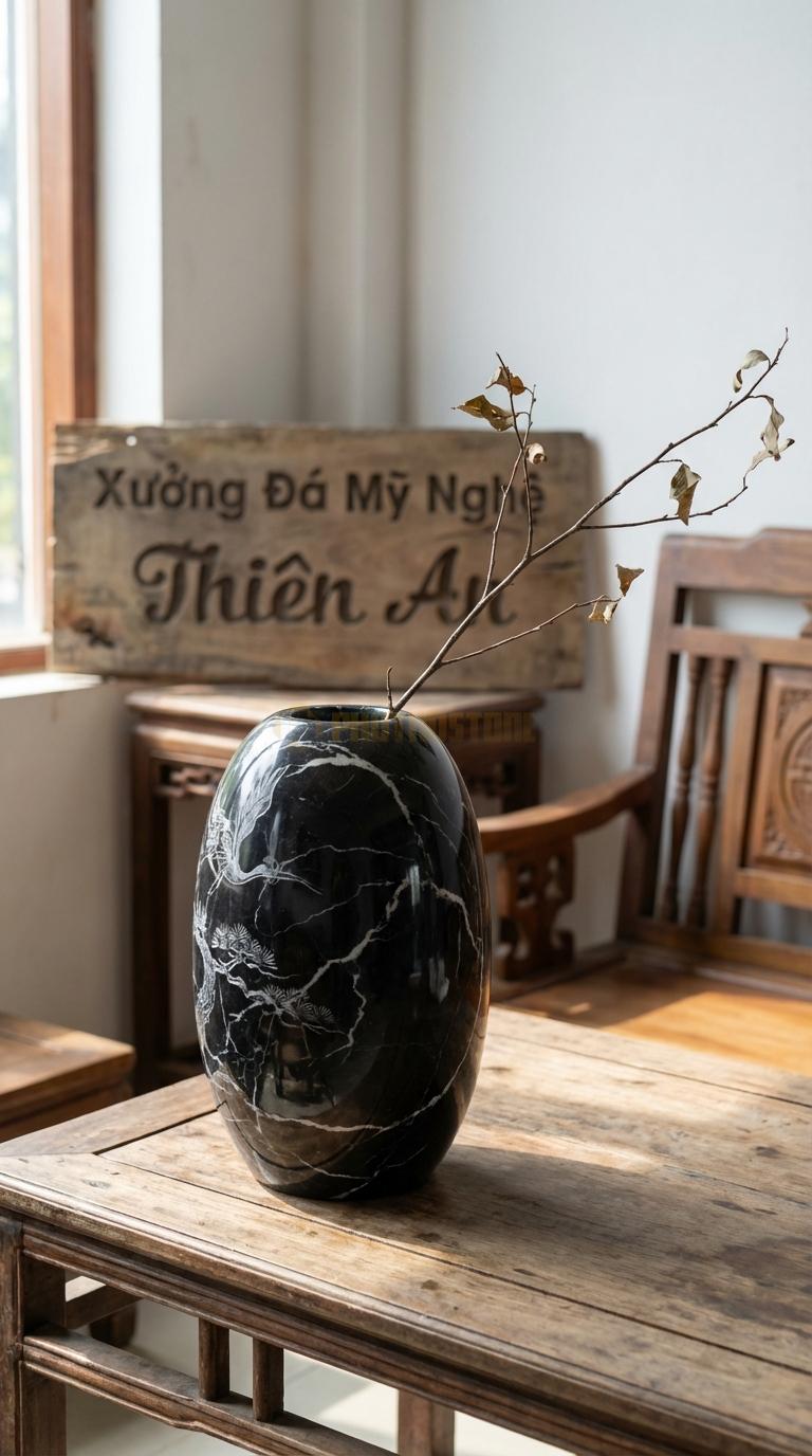 Lọ Hoa Đá Đen Tia Chớp Họa Tiết “Tùng Hạc” (Dáng Bình Bầu Dục, Chạm Tùng Hạc). Kích Thước Cao 35Cm, Đk 20Cm.