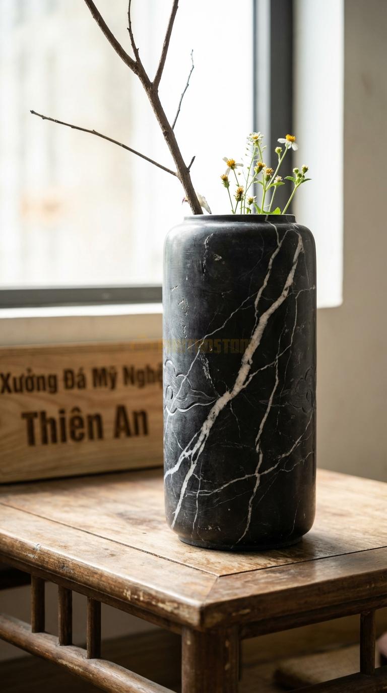 Lọ Hoa Đá Đen Tia Chớp Họa Tiết “Vân Mây” (Khắc Chìm Hoa Văn Mây Cổ). Kích Thước Cao 32Cm, Đk 15Cm.