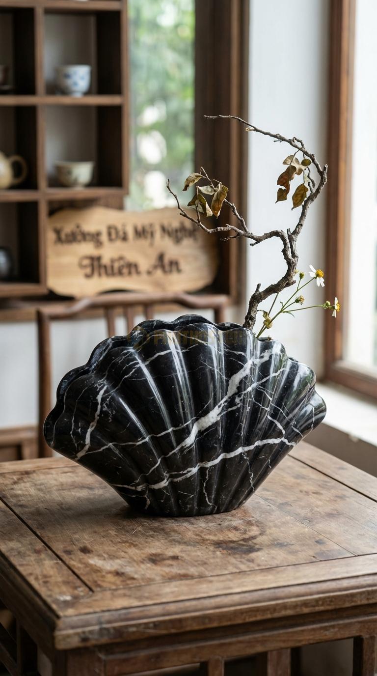 Lọ Hoa Đá Đen Tia Chớp Họa Tiết “Vỏ Sò” (Mô Phỏng Hình Vỏ Trai/Sò Lớn). Kích Thước Dài 28Cm, Rộng 18Cm, Cao 9Cm.