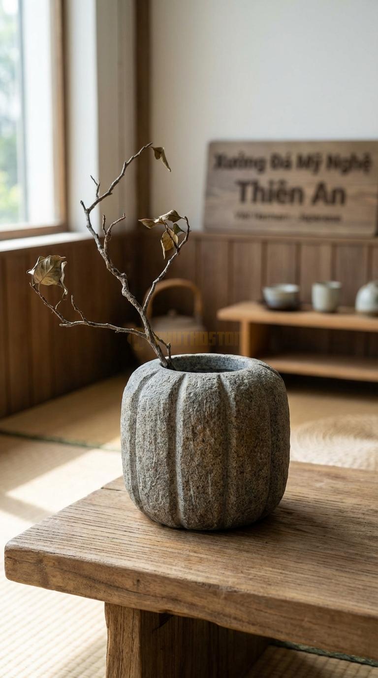 Lọ Hoa Đá Granite Họa Tiết “Bí Ngô” (Chia Múi Dọc Thân Giống Quả Bí). Kích Thước Cao 10Cm, Đk 13Cm.