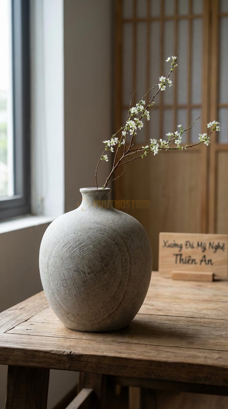 Lọ Hoa Đá Granite Họa Tiết “Bình Rượu” (Dáng Hồ Lô Dẹt Giống Bình Rượu Xưa). Kích Thước Cao 28Cm, Ngang 22Cm.