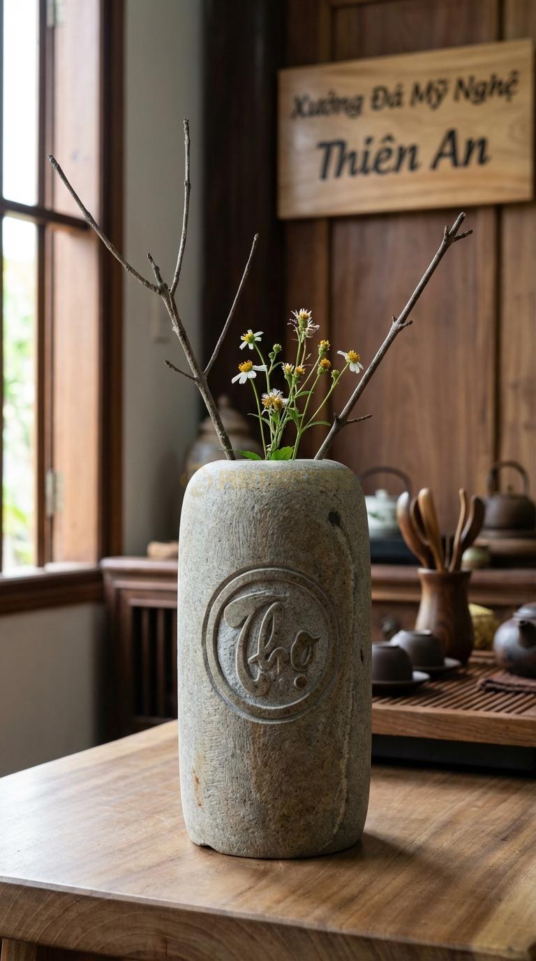 Lọ Hoa Đá Granite Họa Tiết “Chữ Thọ” (Khắc Chữ Thọ Tròn Ở Chính Diện). Kích Thước Cao 32Cm, Đk 16Cm.