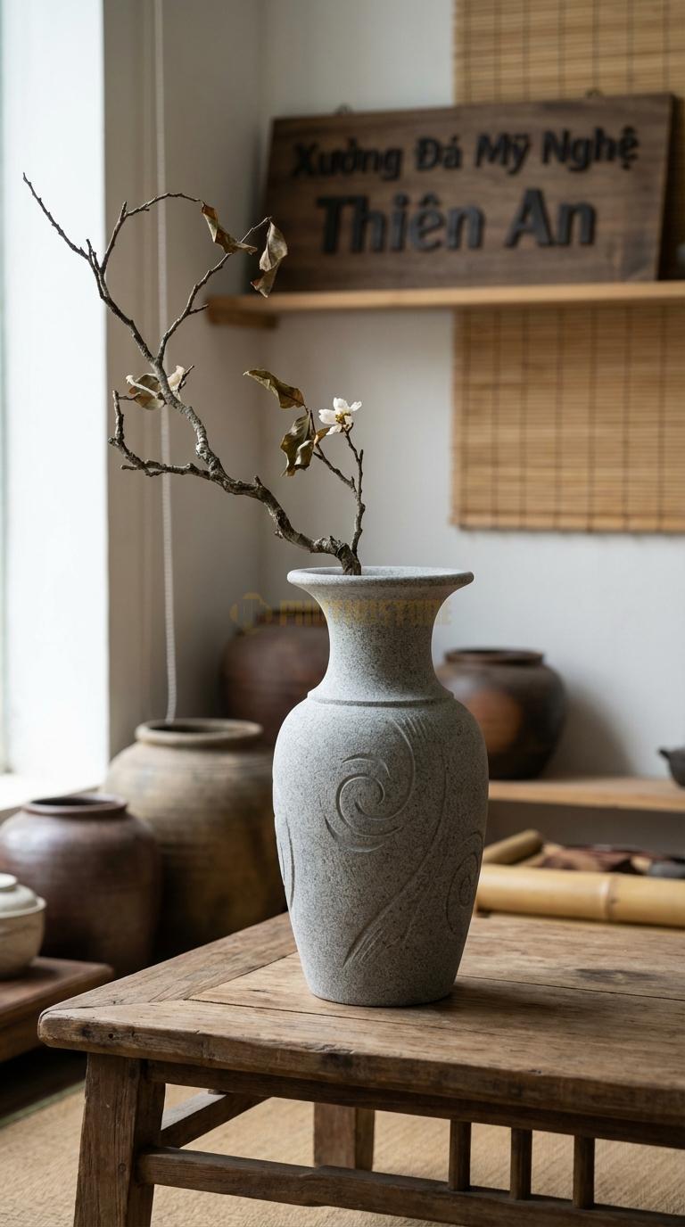 Lọ Hoa Đá Granite Họa Tiết “Cổ Loa” (Miệng Loe Rộng, Cổ Nhỏ). Kích Thước Cao 28Cm, Đk Miệng 18Cm.