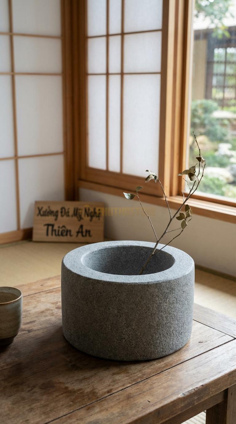 Lọ Hoa Đá Granite Họa Tiết “Cối Đá Cổ” (Mô Phỏng Cối Xay Đá Ngày Xưa). Kích Thước Đk 25Cm, Cao 12Cm.