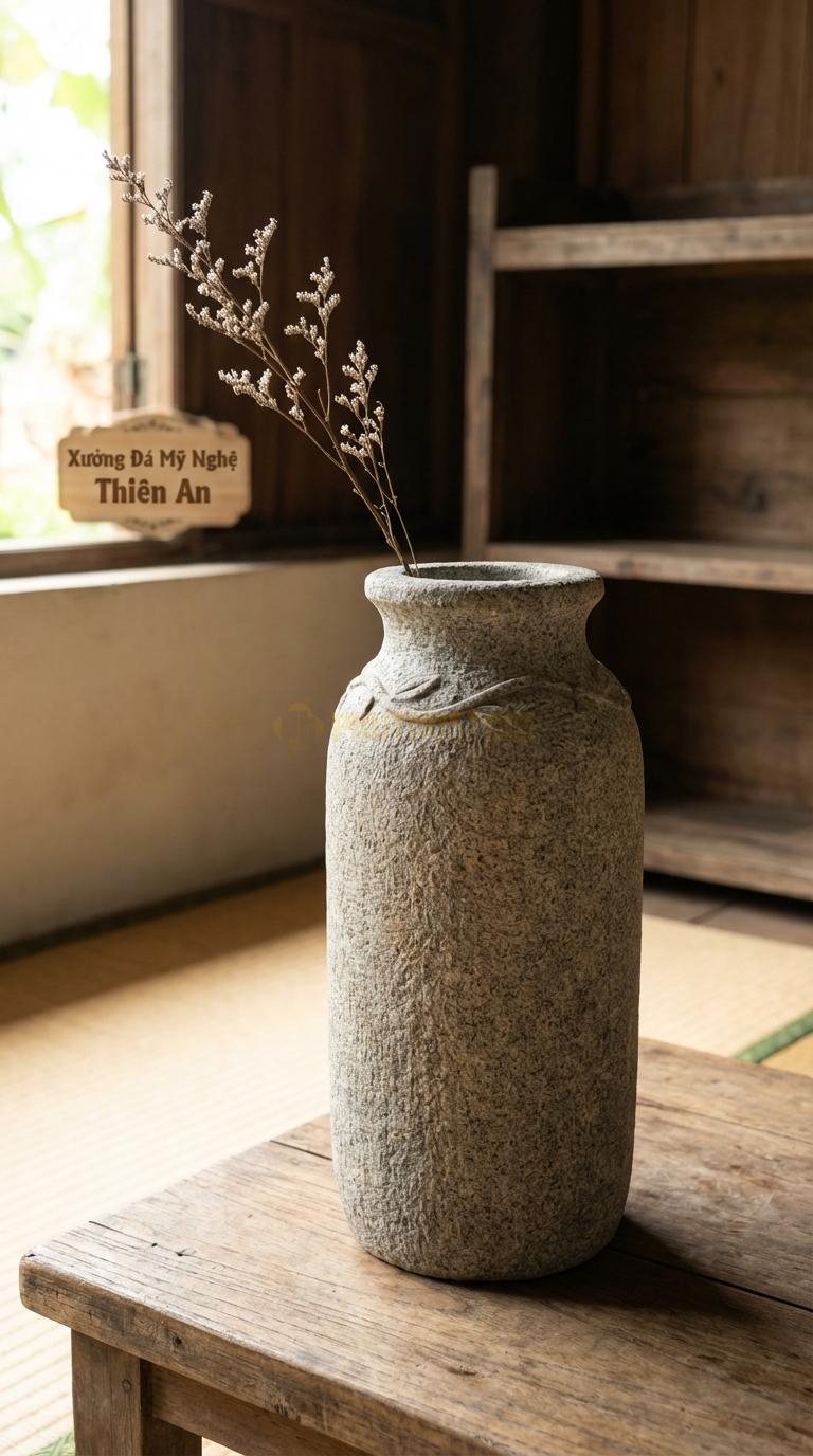 Lọ Hoa Đá Granite Họa Tiết “Dây Leo” (Hoa Dây Quấn Quanh Cổ Bình). Kích Thước Cao 30Cm, Đk 14Cm.