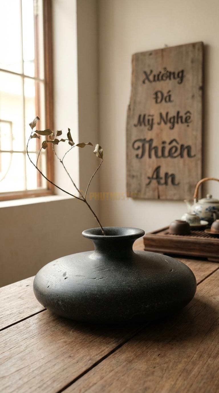 Lọ Hoa Đá Granite Họa Tiết “Đĩa Bay Tròn” (Dáng Đĩa Tròn Dẹt, Miệng Loe). Kích Thước Đk 30Cm, Cao 6Cm.