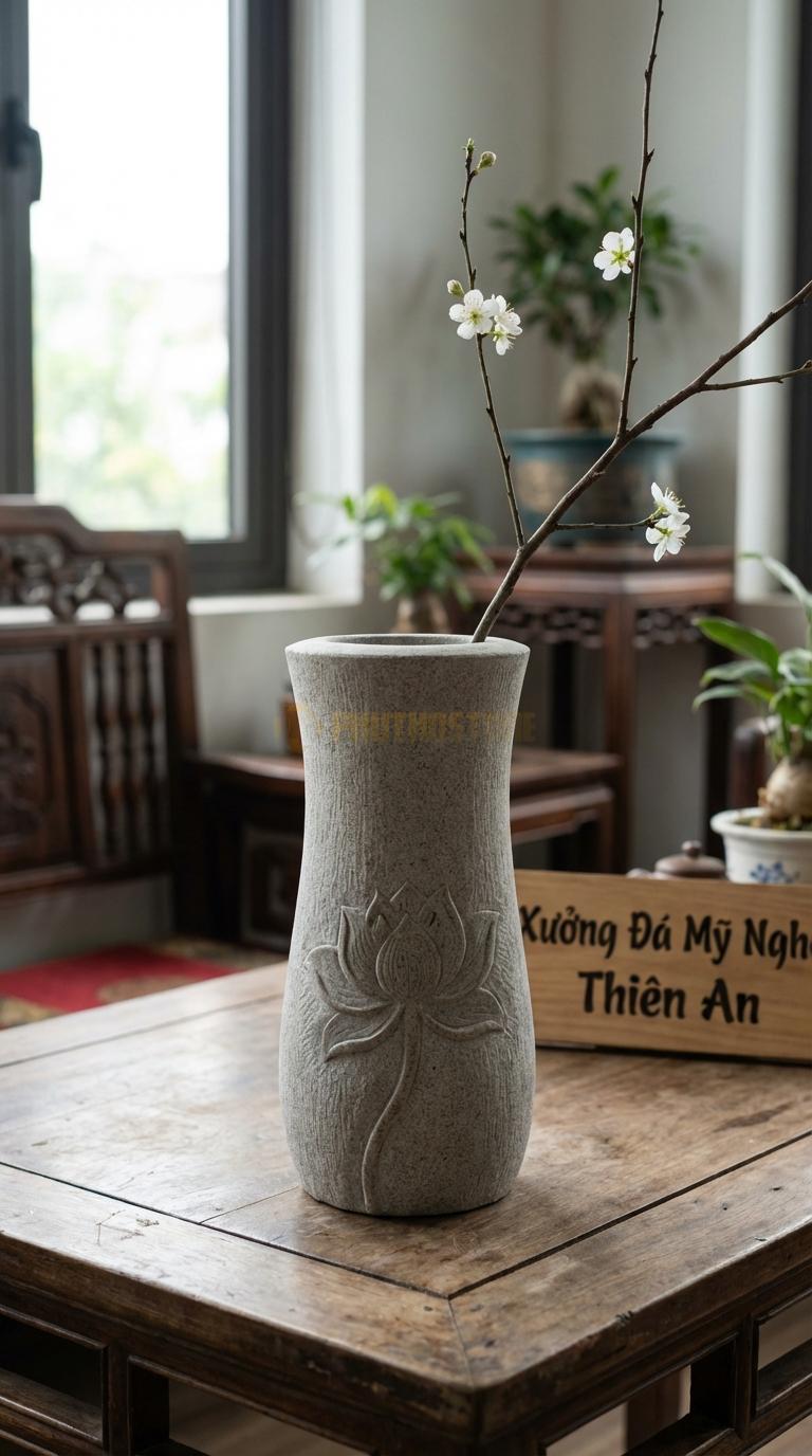 Lọ Hoa Đá Granite Họa Tiết “Hoa Sen Chạm Nổi” (Dáng Bình Eo Thon, Chạm Sen). Kích Thước Cao 30Cm, Đk 16Cm.