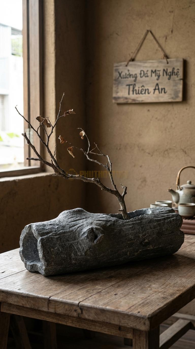 Lọ Hoa Đá Granite Họa Tiết “Khúc Gỗ Lũa” (Đá Tạo Hình Giống Gỗ Mục). Kích Thước Dài 38Cm, Cao 10Cm.