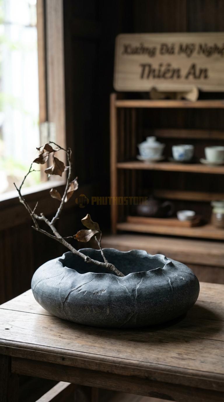 Lọ Hoa Đá Granite Họa Tiết “Lá Sen Khô” (Viền Uốn Lượn Rách Tự Nhiên). Kích Thước Dài 35Cm, Rộng 25Cm, Cao 5Cm.