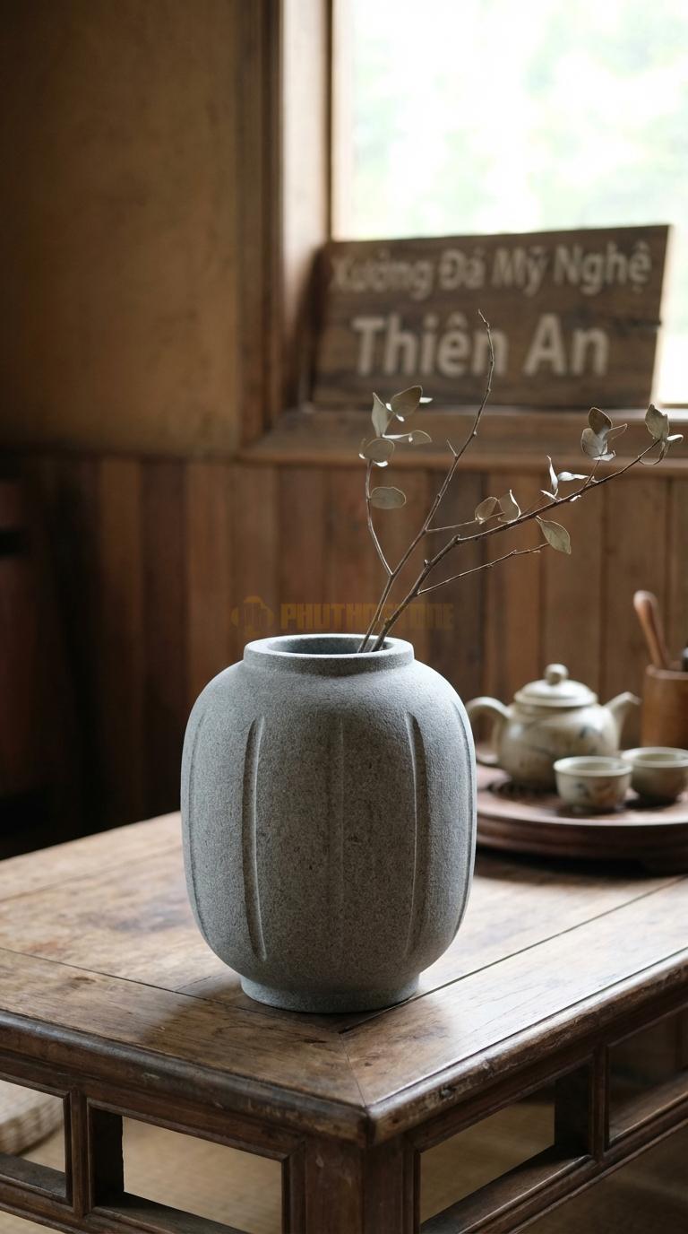 Lọ Hoa Đá Granite Họa Tiết “Lồng Đèn” (Thân Khía Cạnh Giống Lồng Đèn). Kích Thước Cao 25Cm, Đk 20Cm.