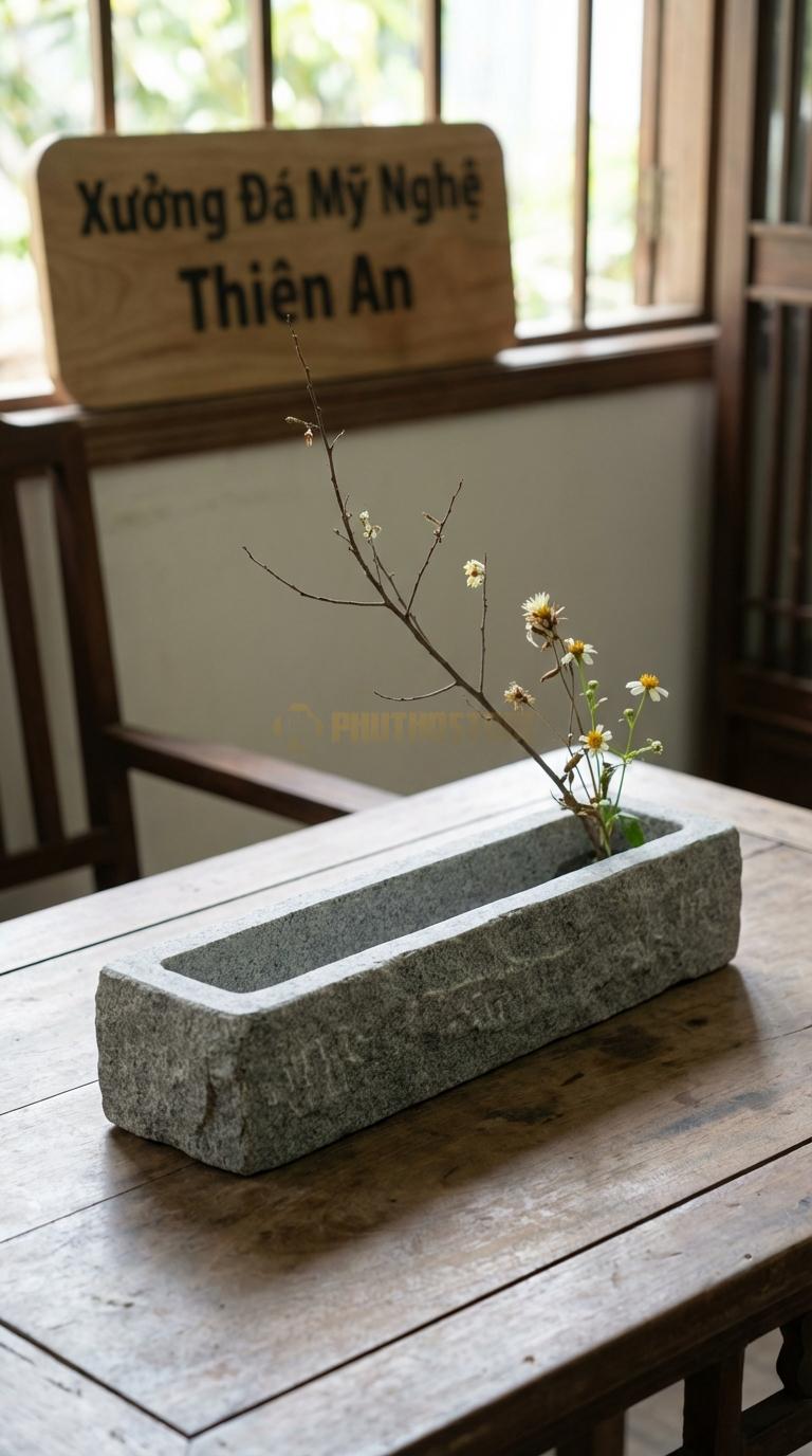 Lọ Hoa Đá Granite Họa Tiết “Máng Nước” (Dáng Dài Hình Chữ Nhật Khoét Lòng). Kích Thước Dài 45Cm, Rộng 10Cm, Cao 7Cm.