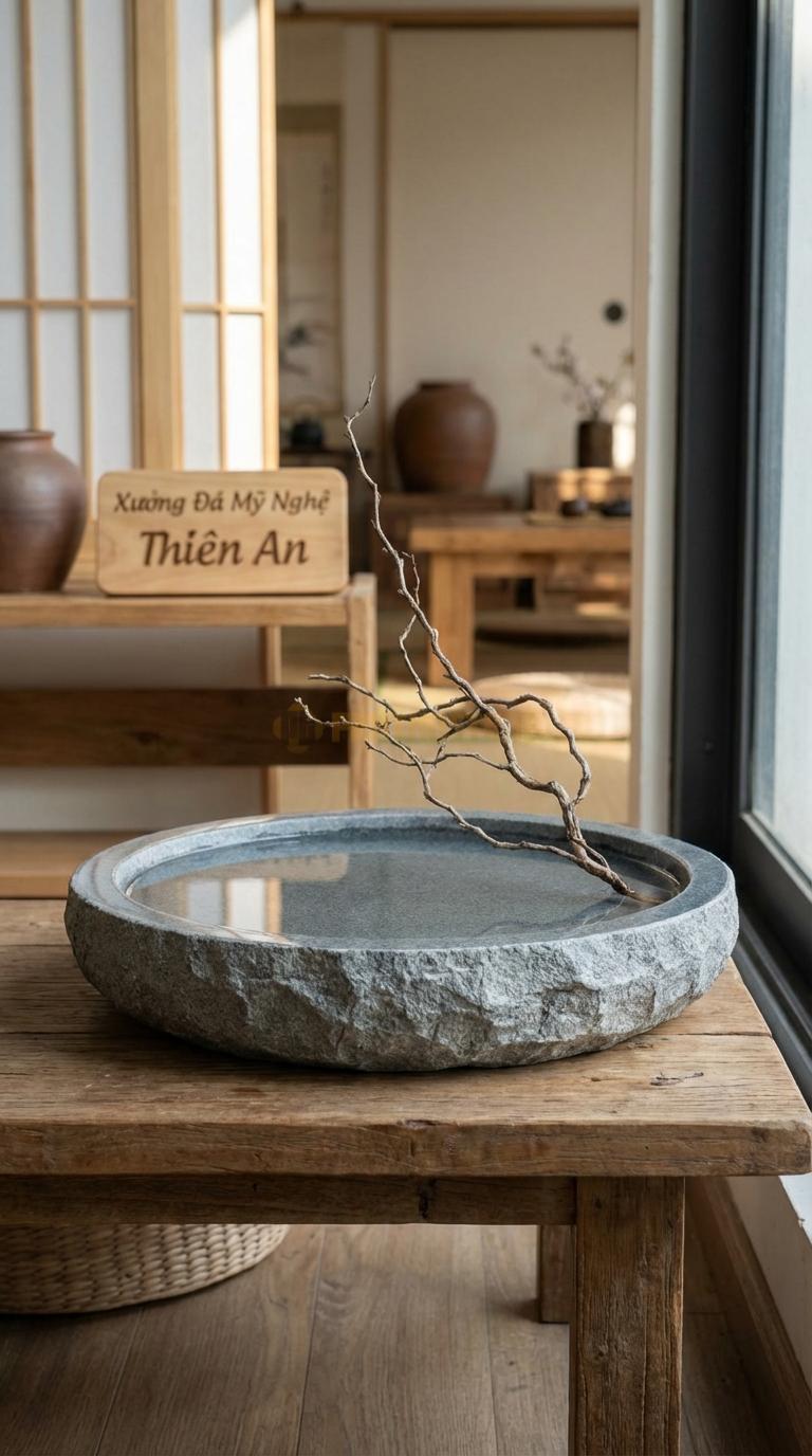 Lọ Hoa Đá Granite Họa Tiết “Mặt Hồ Phẳng” (Đĩa Mài Bóng Như Mặt Gương). Kích Thước Đk 35Cm, Cao 4Cm.