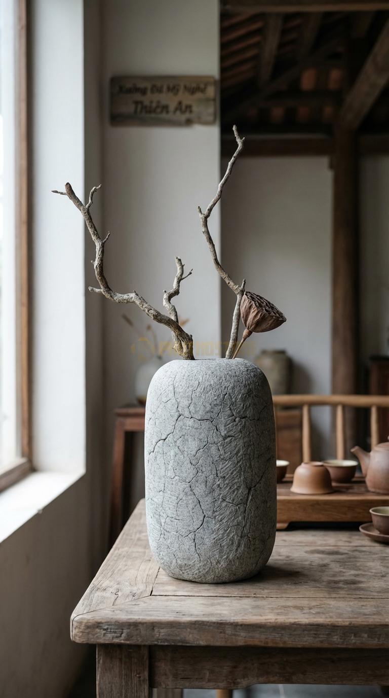 Lọ Hoa Đá Granite Họa Tiết “Men Rạn” (Tạo Vân Đá Nứt Như Gốm Men Rạn). Kích Thước Cao 27Cm, Đk 19Cm.