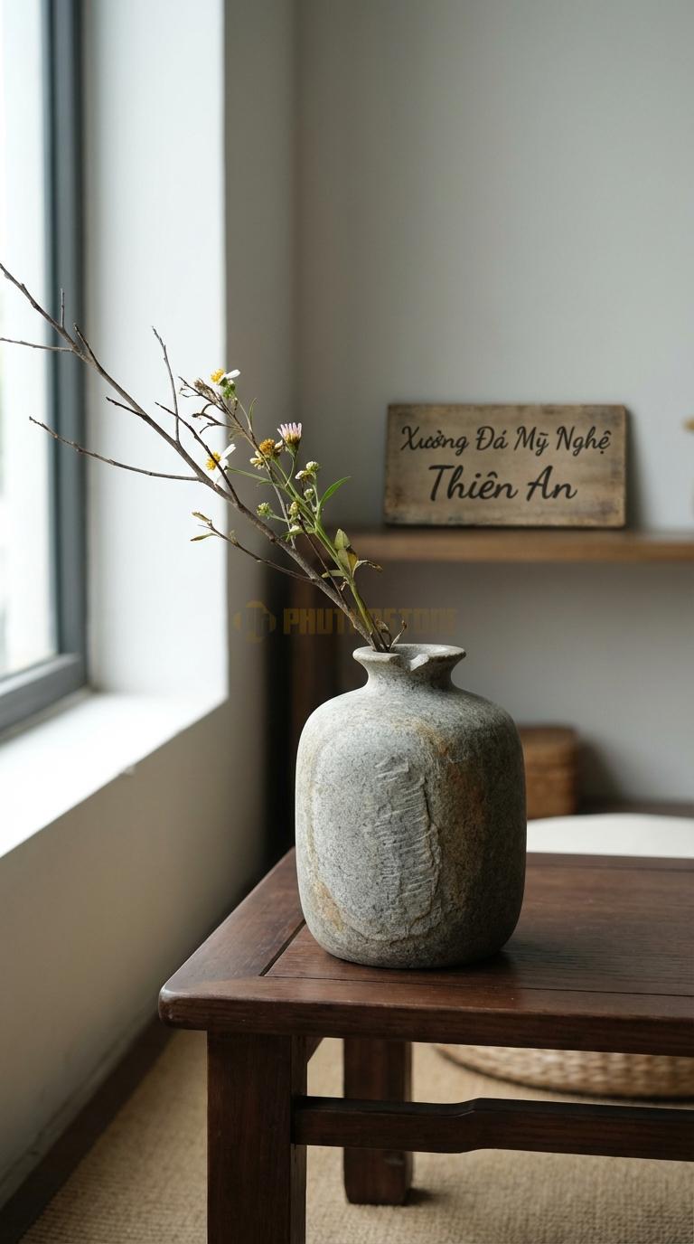 Lọ Hoa Đá Granite Họa Tiết “Quả Lựu” (Dáng Tròn, Miệng Loe Nhỏ Như Núm Quả Lựu). Kích Thước Cao 12Cm, Đk 10Cm.