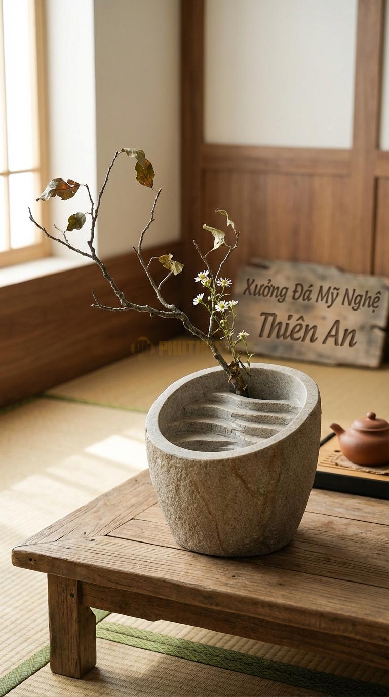 Lọ Hoa Đá Granite Họa Tiết “Ruộng Bậc Thang” (Lòng Lọ Giật Cấp). Kích Thước 30 x 20 x 8 Cm.