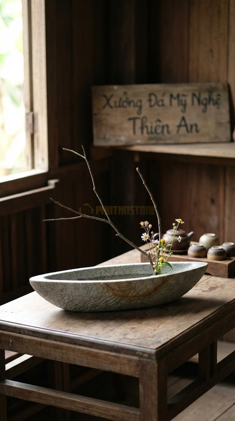 Lọ Hoa Đá Granite Họa Tiết “Thuyền Nan” (Dáng Con Thuyền Dài, Lòng Nông). Kích Thước Dài 40Cm, Rộng 12Cm, Cao 8Cm.
