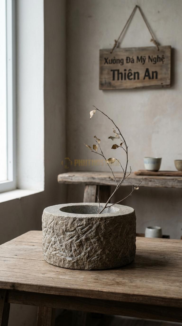 Lọ Hoa Đá Granite Họa Tiết “Tổ Chim” (Dáng Tròn, Bề Mặt Xước Rối). Kích Thước Đk 20Cm, Cao 10Cm.
