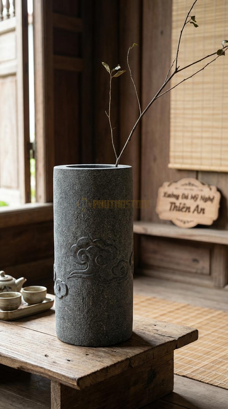 Lọ Hoa Đá Granite Họa Tiết “Vân Mây” (Khắc Chìm Hoa Văn Mây Cổ). Kích Thước Cao 32Cm, Đk 15Cm.