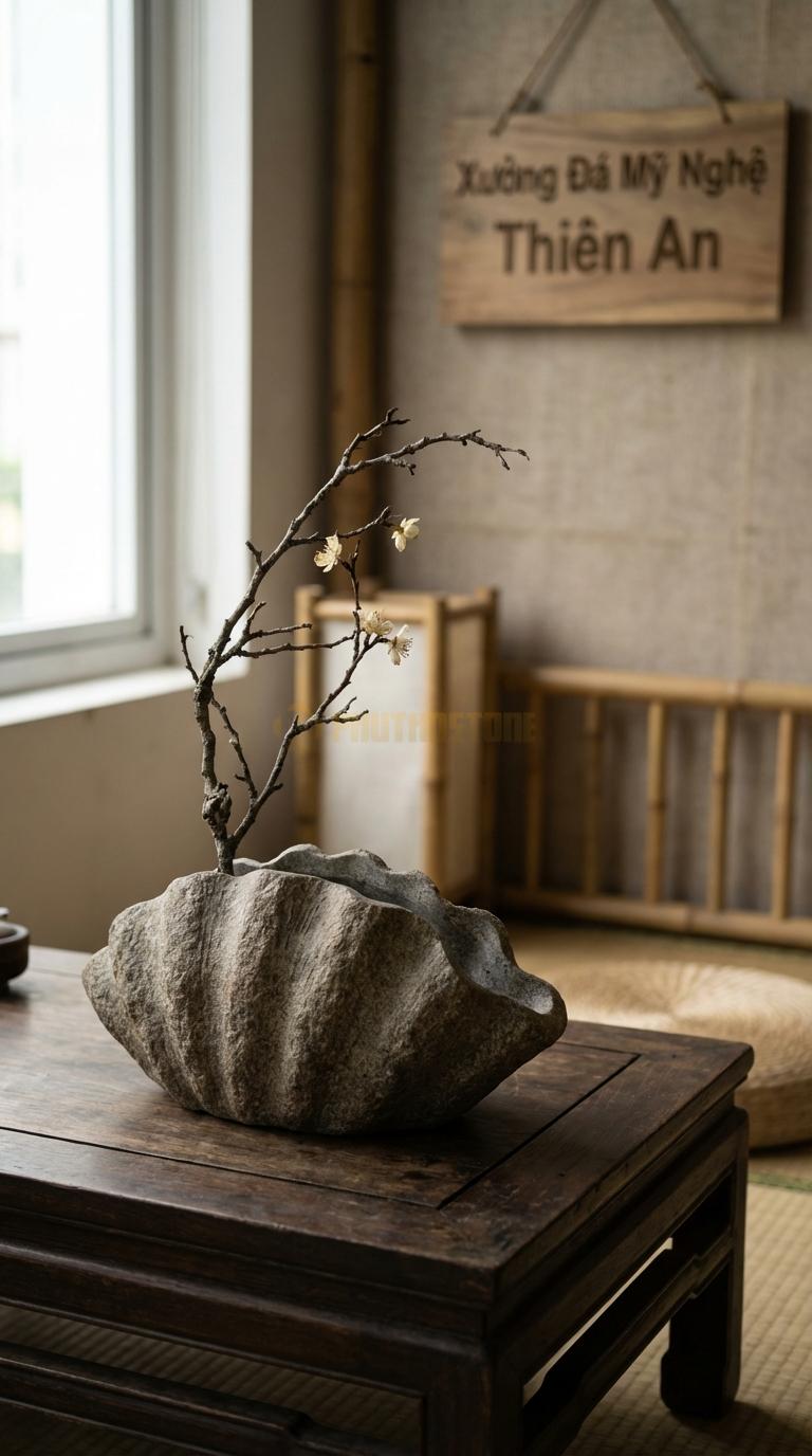 Lọ Hoa Đá Granite Họa Tiết “Vỏ Sò” (Mô Phỏng Hình Vỏ Trai/Sò Lớn). Kích Thước Dài 28Cm, Rộng 18Cm, Cao 9Cm.