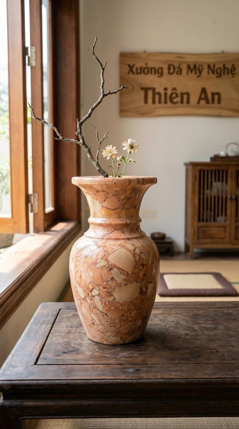 Lọ Hoa Đá Hồng Họa Tiết “Cổ Loa” (Miệng Loe Rộng, Cổ Nhỏ). Kích Thước Cao 28Cm, Đk Miệng 18Cm.