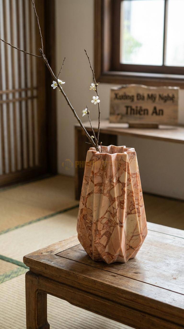 Lọ Hoa Đá Hồng Họa Tiết “Gấp Nếp” (Như Tờ Giấy Gấp Nếp Origami). Kích Thước Cao 25Cm, Đk 16Cm.