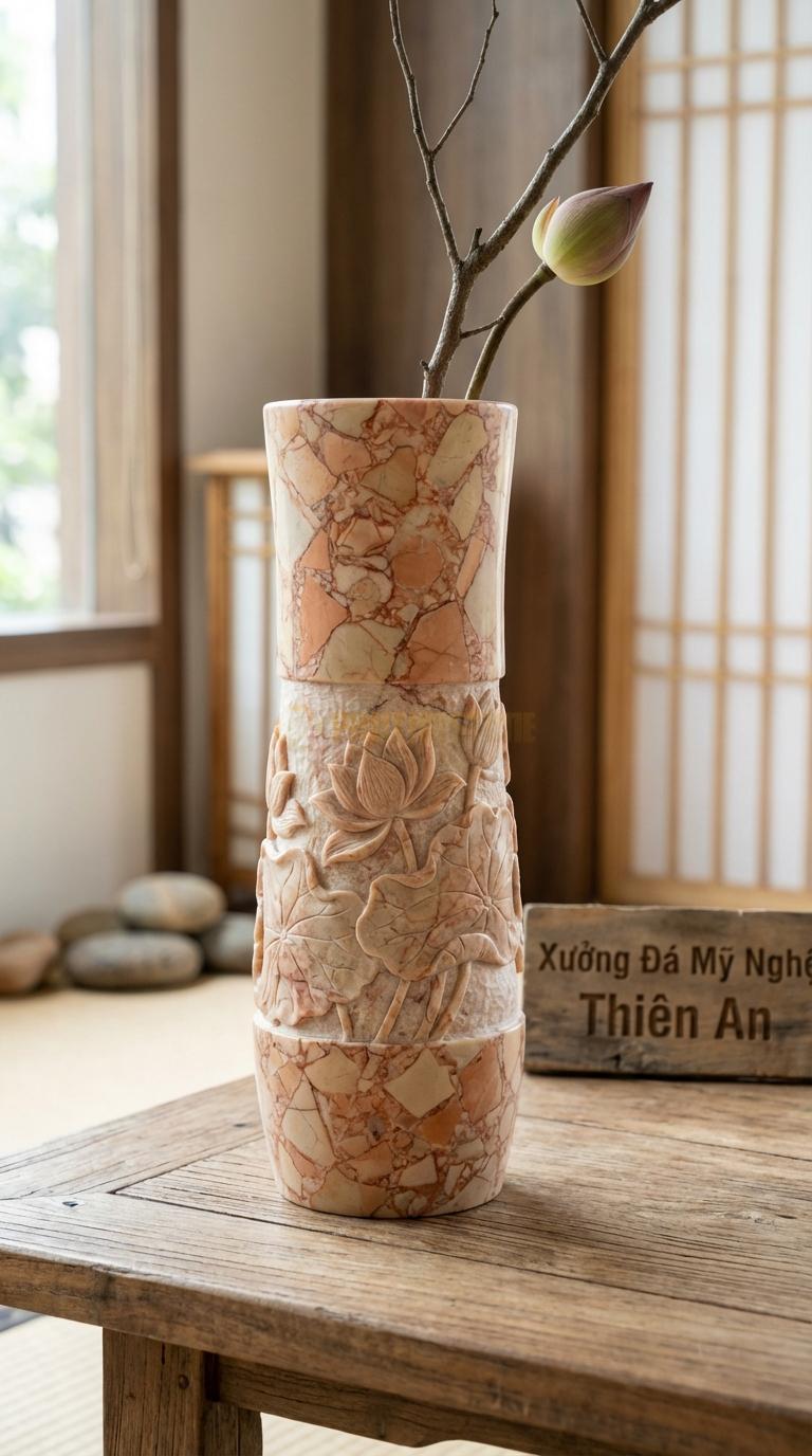 Lọ Hoa Đá Hồng Họa Tiết “Hoa Sen Chạm Nổi” (Dáng Bình Eo Thon, Chạm Sen). Kích Thước Cao 30Cm, Đk 16Cm.