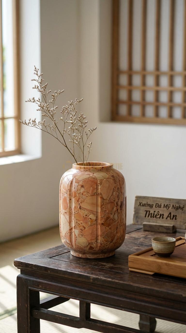 Lọ Hoa Đá Hồng Họa Tiết “Lồng Đèn” (Thân Khía Cạnh Giống Lồng Đèn). Kích Thước Cao 25Cm, Đk 20Cm.