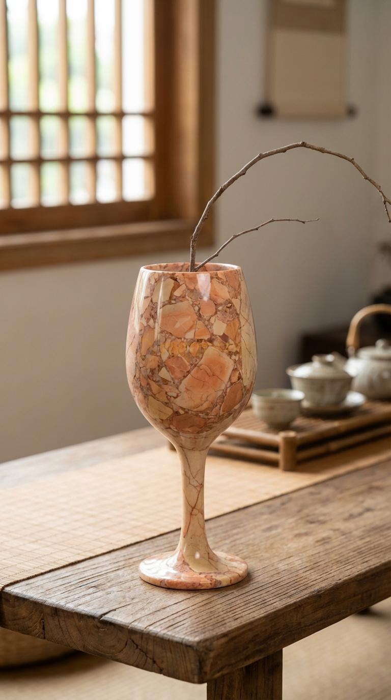 Lọ Hoa Đá Hồng Họa Tiết “Ly Rượu Vang” (Dáng Ly Chân Cao Sang Trọng). Kích Thước Cao 30Cm, Đk Miệng 12Cm.