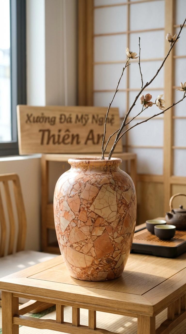 Lọ Hoa Đá Hồng Họa Tiết “Men Rạn” (Tạo Vân Đá Nứt Như Gốm Men Rạn). Kích Thước Cao 27Cm, Đk 19Cm.