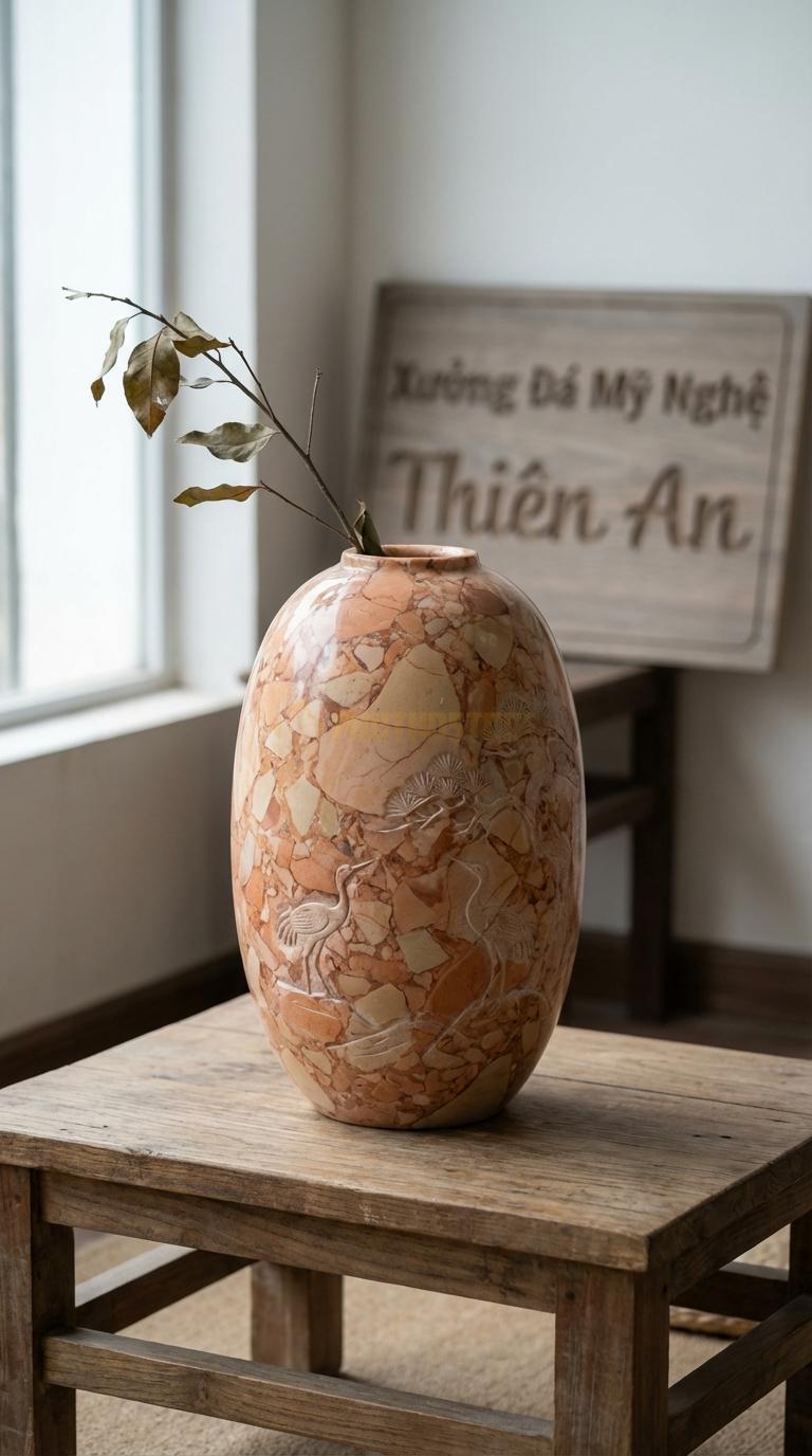 Lọ Hoa Đá Hồng Họa Tiết “Tùng Hạc” (Dáng Bình Bầu Dục, Chạm Tùng Hạc). Kích Thước Cao 35Cm, Đk 20Cm.