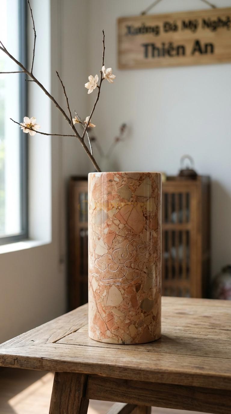 Lọ Hoa Đá Hồng Họa Tiết “Vân Mây” (Khắc Chìm Hoa Văn Mây Cổ). Kích Thước Cao 32Cm, Đk 15Cm.