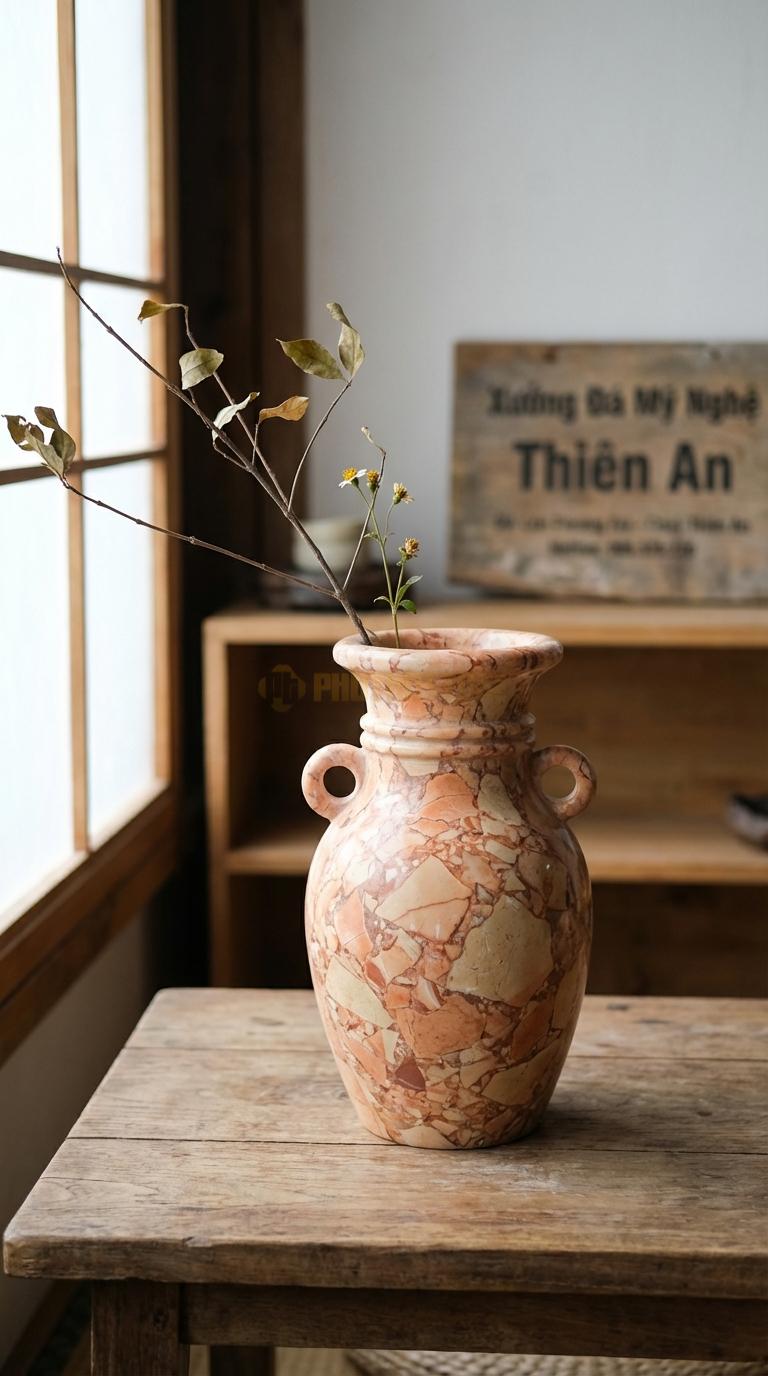 Lọ Hoa Đá Hồng Họa Tiết “Vành Khuyên” (Có Tay Cầm Tròn 2 Bên). Kích Thước Cao 28Cm, Ngang 20Cm.