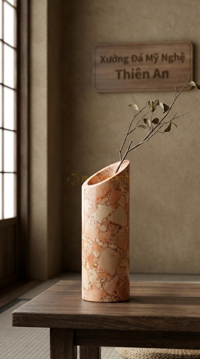 Lọ Hoa Đá Hồng Họa Tiết “Vát Xéo” (Miệng Lọ Cắt Vát 45 Độ Táo Bạo). Kích Thước Cao 20Cm, Đk 7Cm.