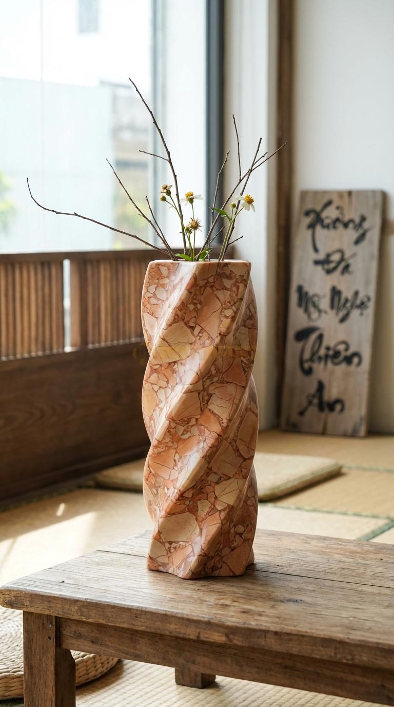 Lọ Hoa Đá Hồng Họa Tiết “Xoắn Ốc” (Thân Bình Vặn Xoắn Từ Dưới Lên). Kích Thước Cao 35Cm, Đk 12Cm.