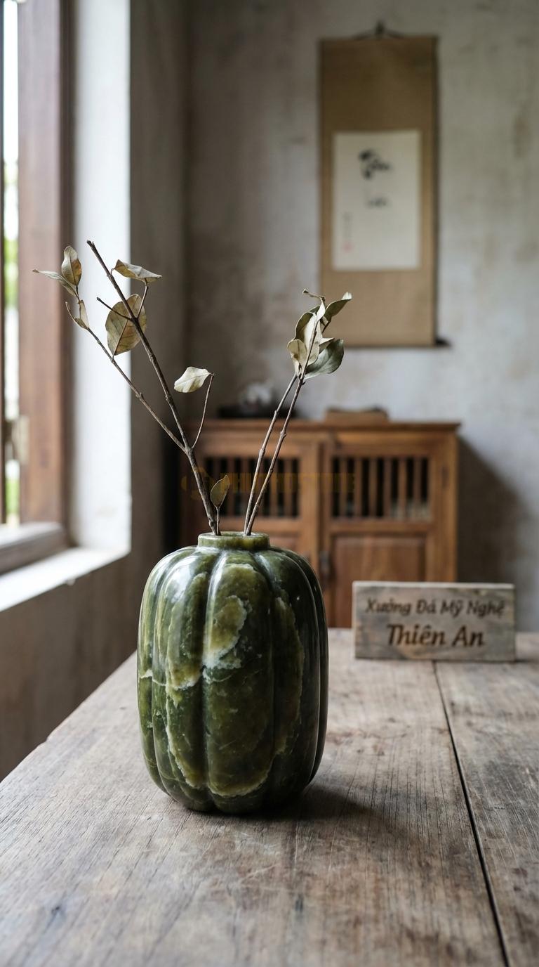 Lọ Hoa Đá Serpentine Họa Tiết “Bí Ngô” (Chia Múi Dọc Thân Giống Quả Bí). Kích Thước Cao 10Cm, Đk 13Cm.