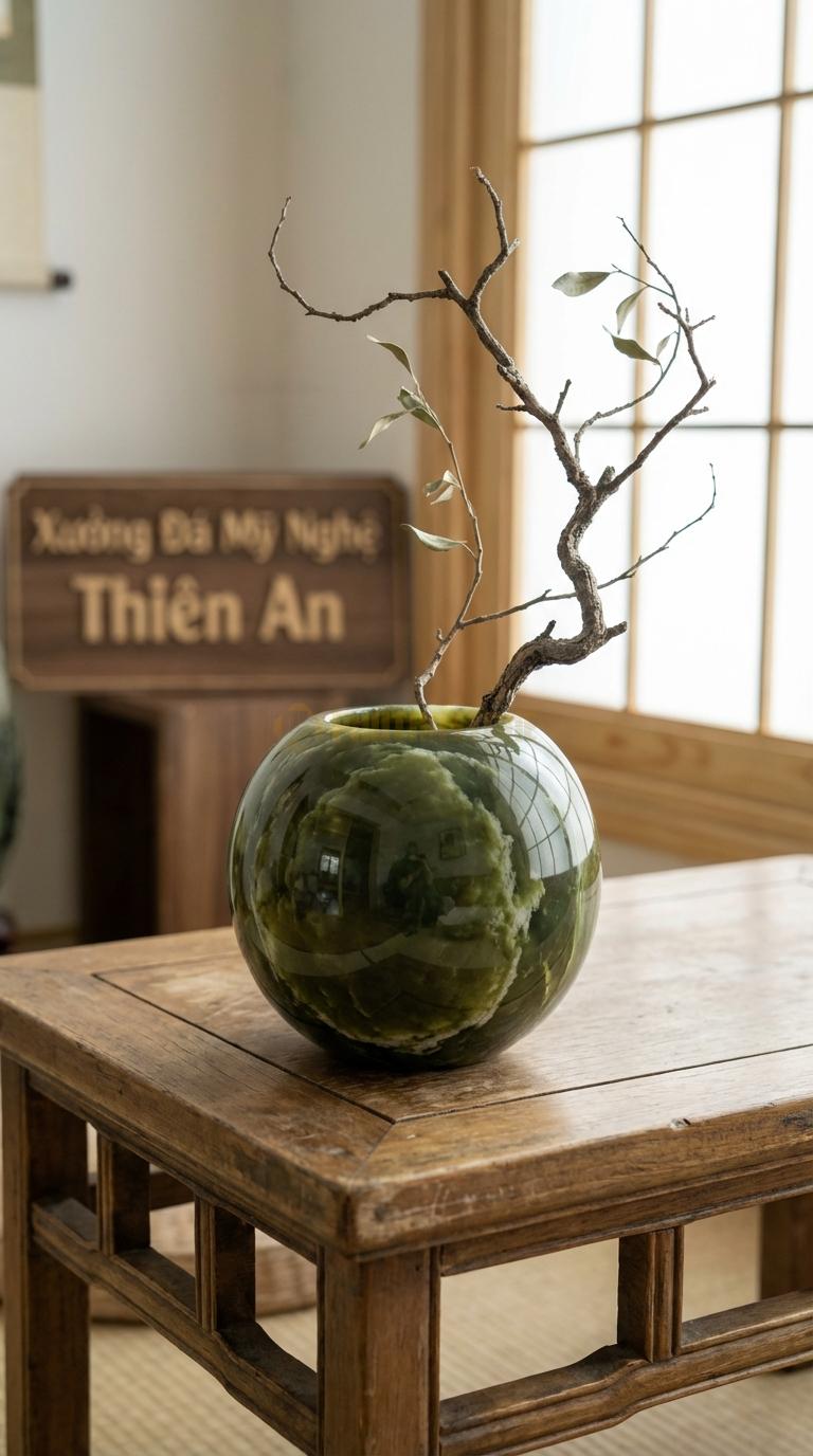 Lọ Hoa Đá Serpentine Họa Tiết “Bóng Khí” (Tròn Vo Hoàn Hảo Như Bong Bóng, Mài Bóng Kính). Kích Thước Đk 12Cm, Cao 11Cm.