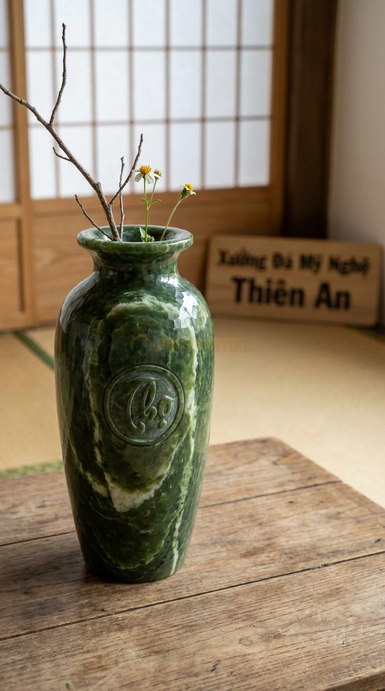 Lọ Hoa Đá Serpentine Họa Tiết “Chữ Thọ” (Khắc Chữ Thọ Tròn Ở Chính Diện). Kích Thước Cao 32Cm, Đk 16Cm.