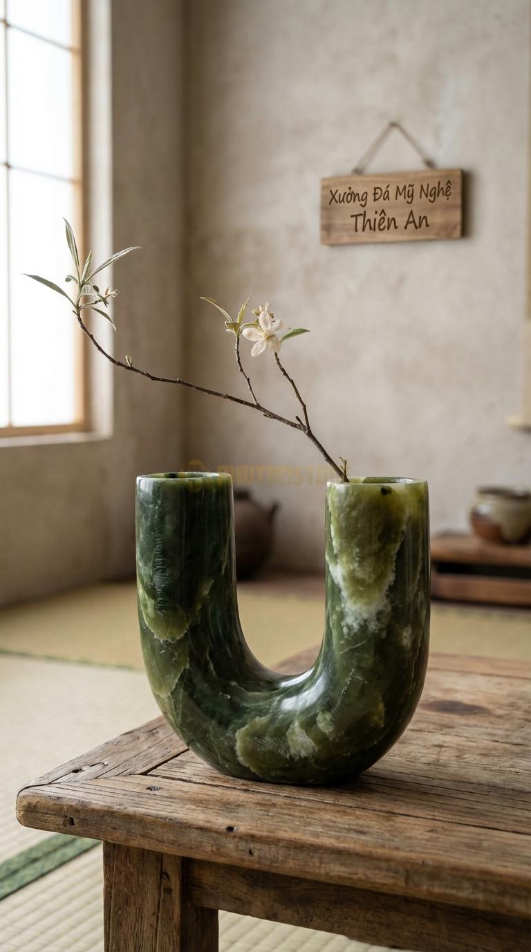 Lọ Hoa Đá Serpentine Họa Tiết “Chữ U” (Dáng Cong Chữ U Hiện Đại). Kích Thước Cao 14Cm, Rộng 12Cm.