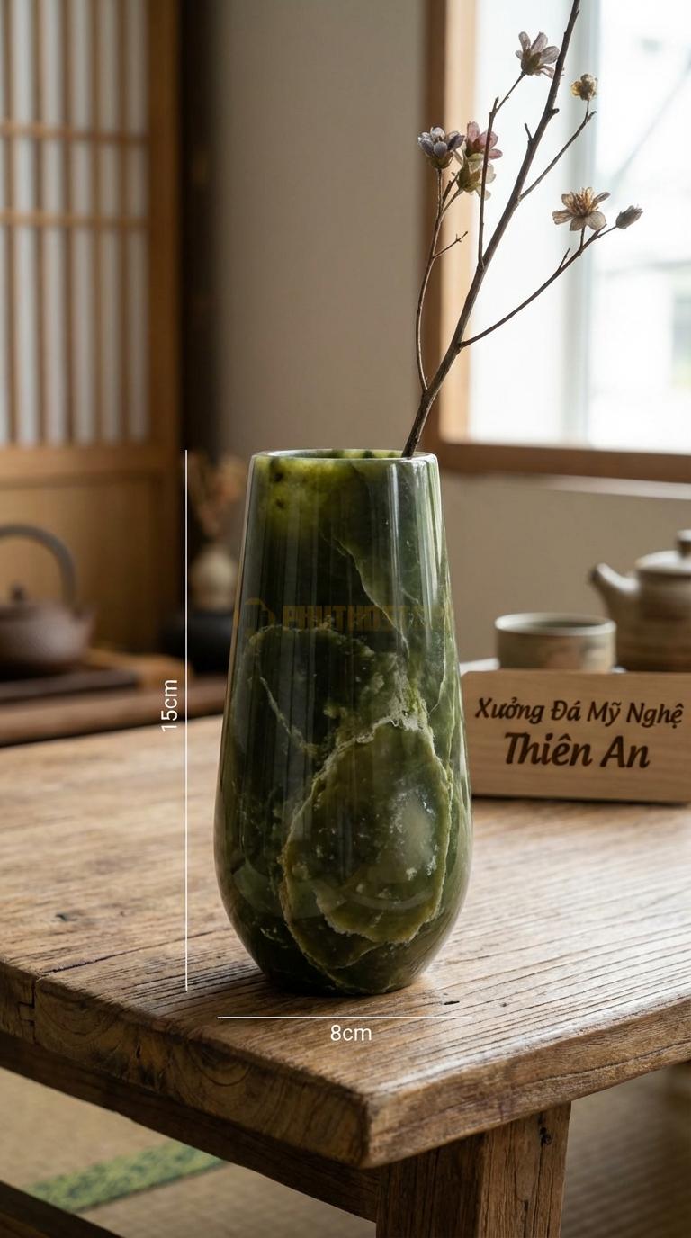 Lọ Hoa Đá Serpentine Họa Tiết “Giọt Nước” (Thon Đáy, Bầu Tròn Ở Dưới). Kích Thước Cao 15Cm, Đk Bụng 8Cm.