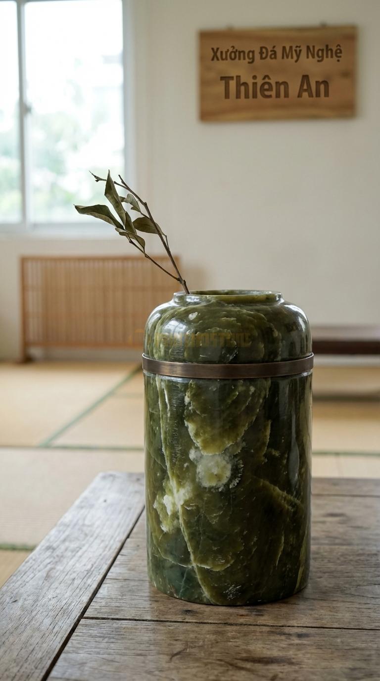 Lọ Hoa Đá Serpentine Họa Tiết “Kết Hợp Kim Loại” (Đá Kết Hợp Đai Đồng/Inox). Kích Thước Cao 26Cm, Đk 15Cm.