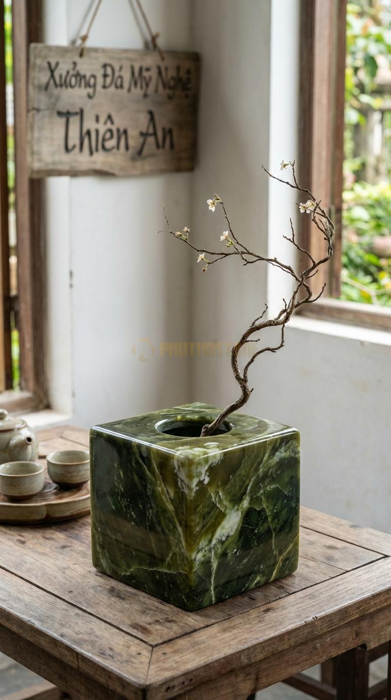 Lọ Hoa Đá Serpentine Họa Tiết “Khối Lập Phương” (Vuông Vức 6 Mặt, Lỗ Cắm Tròn). Kích Thước 10 x 10 x 10 Cm.